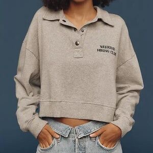 Anthropologie Cotton Pullover French Terry Henley Top Heather Grey NWT